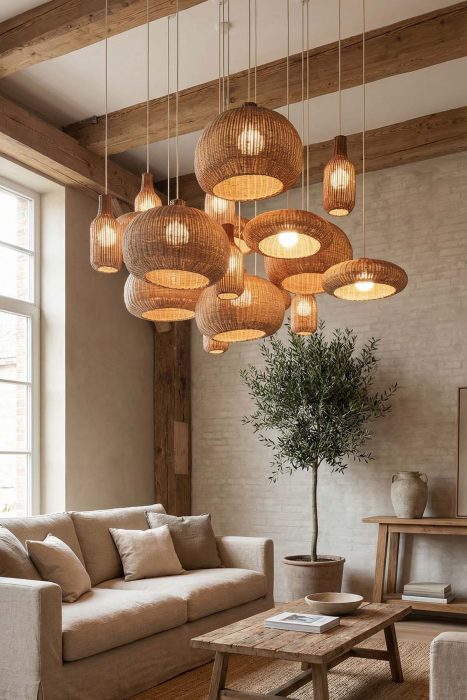 Contemporary Living Room Multi Woven Rattan Pendant Light Cluster Warm Decor