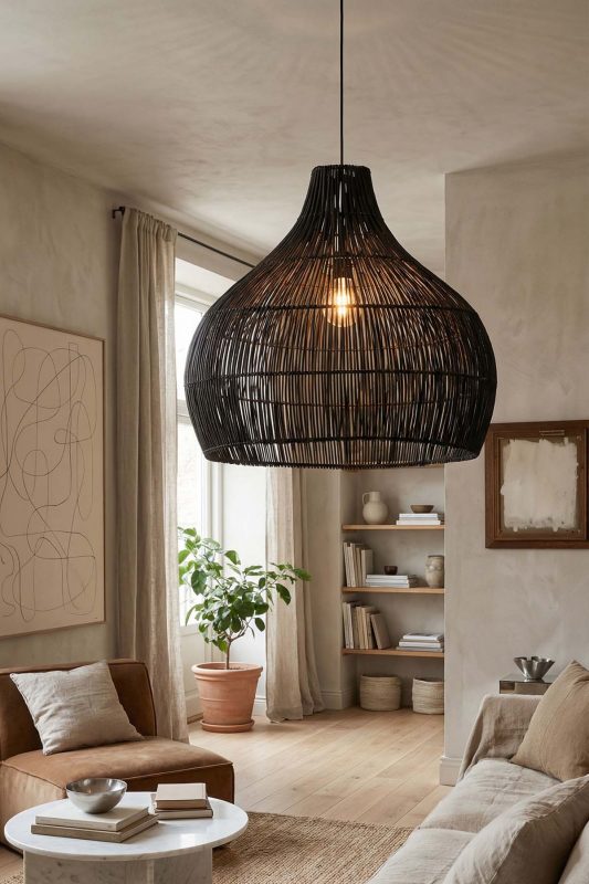 Contemporary Living Room Oversized Black Woven Rattan Pendant Light