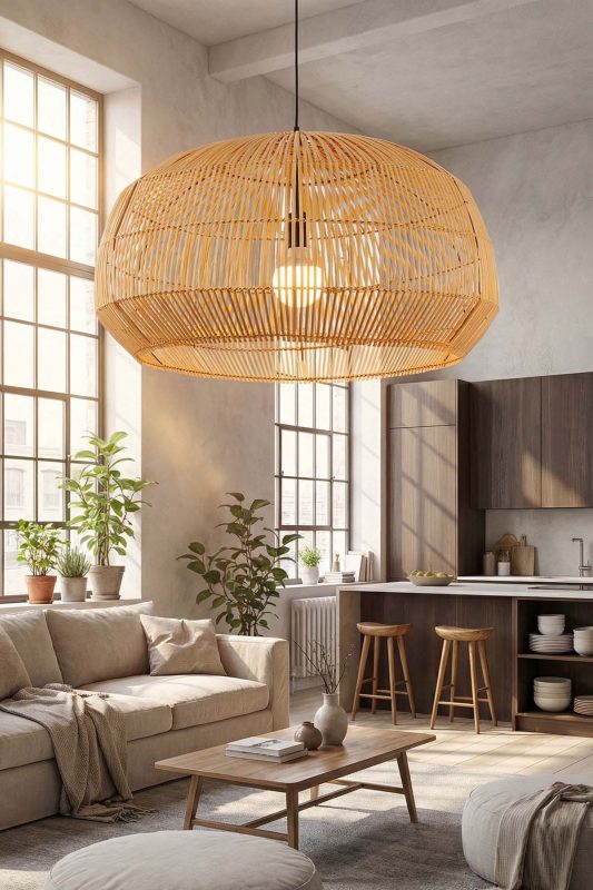 Contemporary Living Room Oversized Woven Rattan Pendant Light Large Window Interior