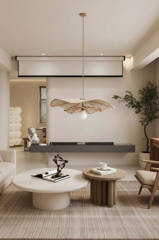 Contemporary Living Room Petal Rattan Pendant Light Modern Neutral Interior