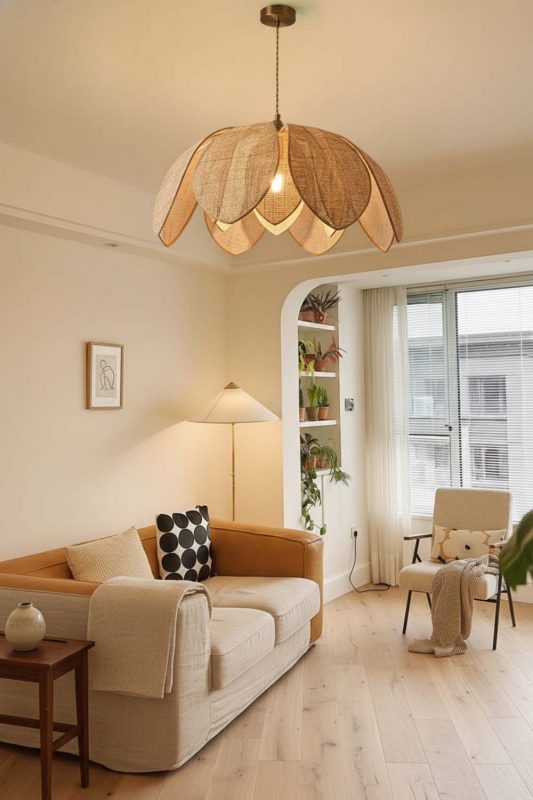 Contemporary Living Room Petal Rattan Pendant Light Warm Neutral Decor