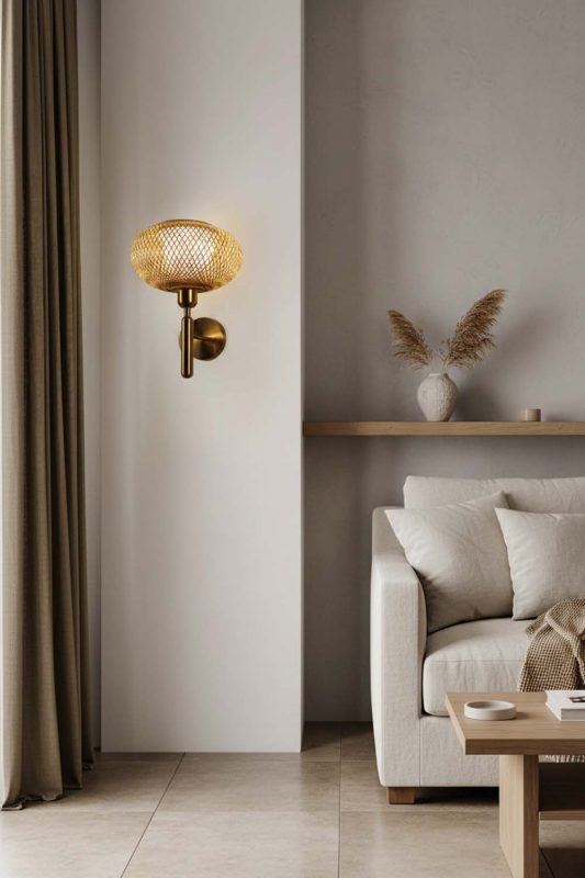 Contemporary Living Room Small Bamboo Wall Light Soft Warm Glow Neutral Space