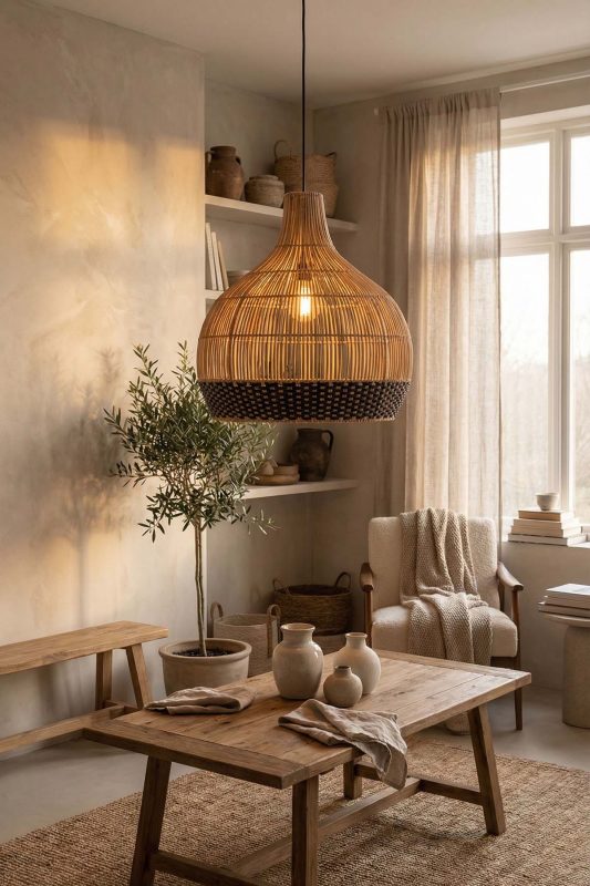 Contemporary Living Room Two Tone Woven Rattan Pendant Light Warm Interior