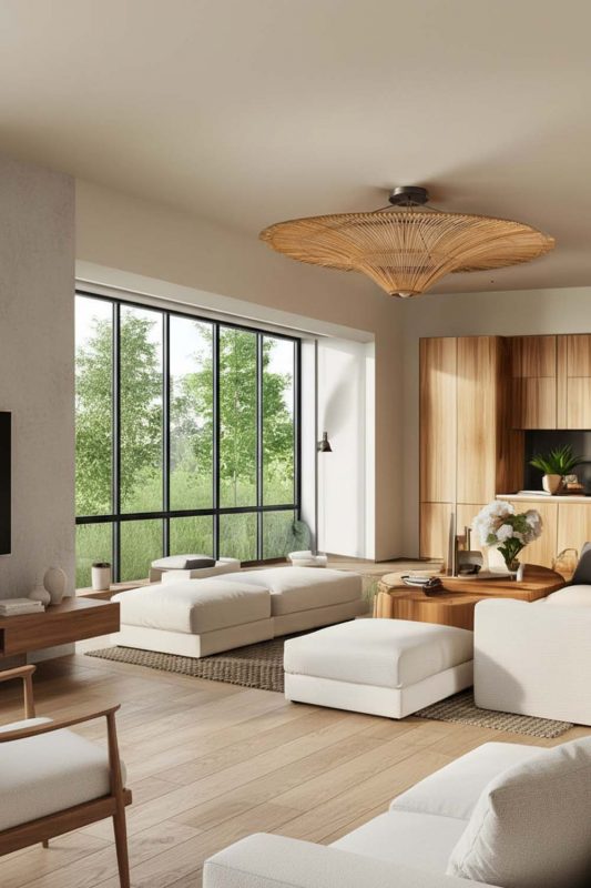 Contemporary Living Room Wide Rattan Flush Mount Ceiling Light Bright Interior