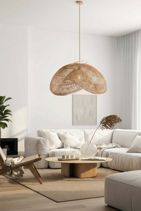 Contemporary Living Room Wing Shaped Woven Rattan Pendant Light Neutral Decor