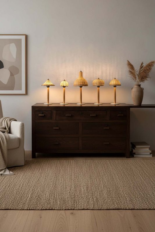 Contemporary Living Room Woven Table Lamps Dresser Decor Warm Lighting