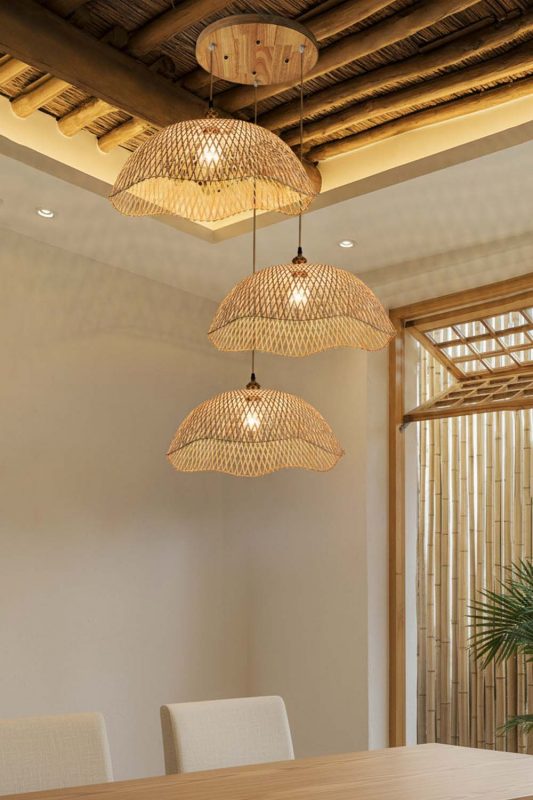 Contemporary Stairwell Multi Tier Woven Rattan Pendant Lights Warm Ambient Lighting