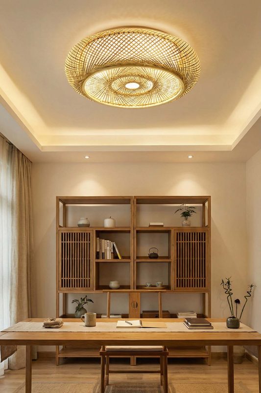 Contemporary Study Room Woven Rattan Flush Mount Ceiling Light Ambient Decor