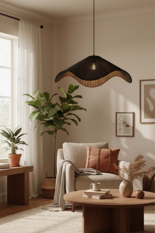 Cozy Black Rattan Wave Pendant Light - Comfort First