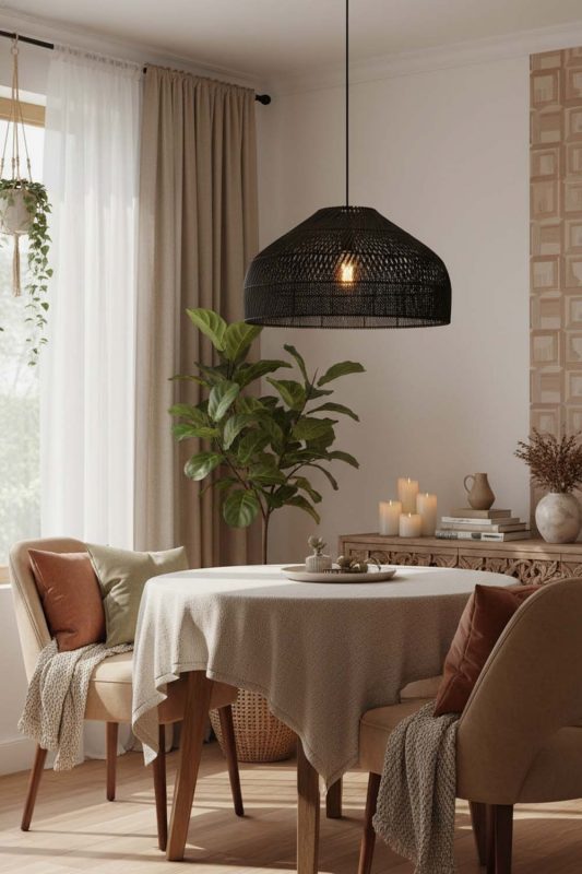 Cozy Black Rattan Wide Dome Pendant Light - Soft & Relaxing