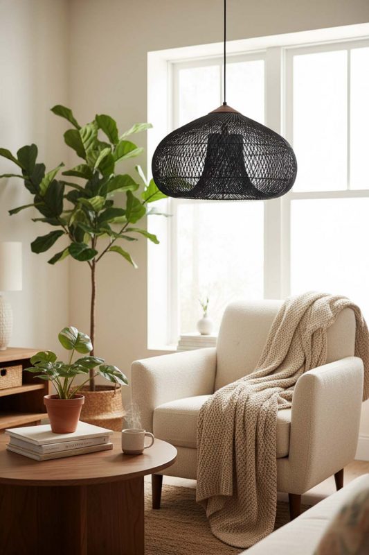 Cozy Black Vintage Wood Rattan Pendant Light - Comfort First