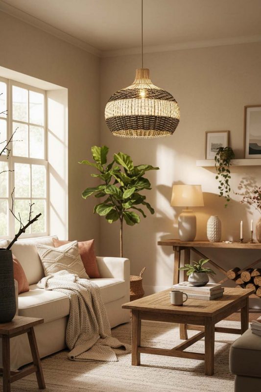 Cozy Black White Round Rattan Pendant - Warm & Inviting