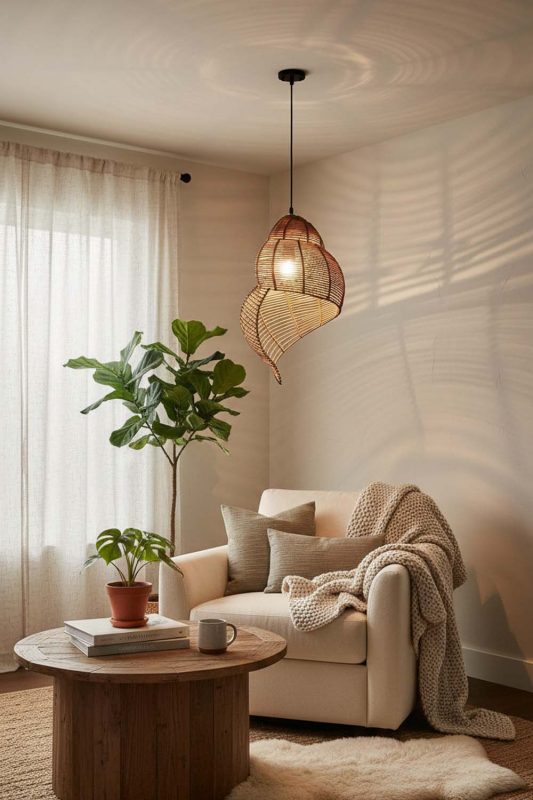 Cozy Brown Rattan Spiral Pendant Light - Peaceful Living
