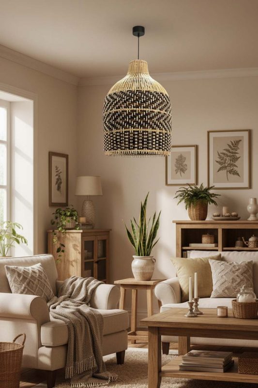 Cozy Dark Brown Rattan Bell Pendant Light - Soft & Relaxing