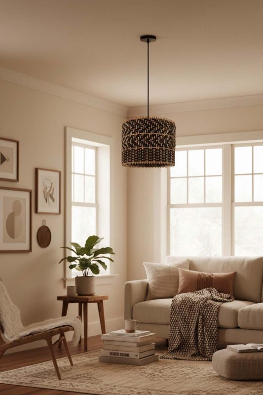 Cozy Dark Rattan Drum Pendant Light - Hygge Vibes