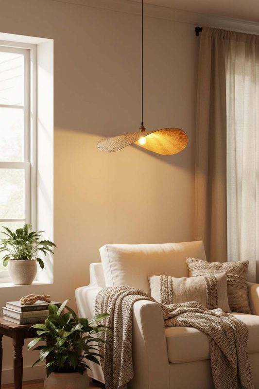Cozy Flat Rattan Pendant Light - Soft & Relaxing