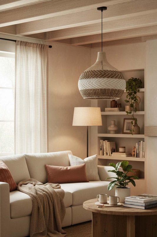 Cozy Light Brown White Rattan Pendant Light - Soft & Relaxing