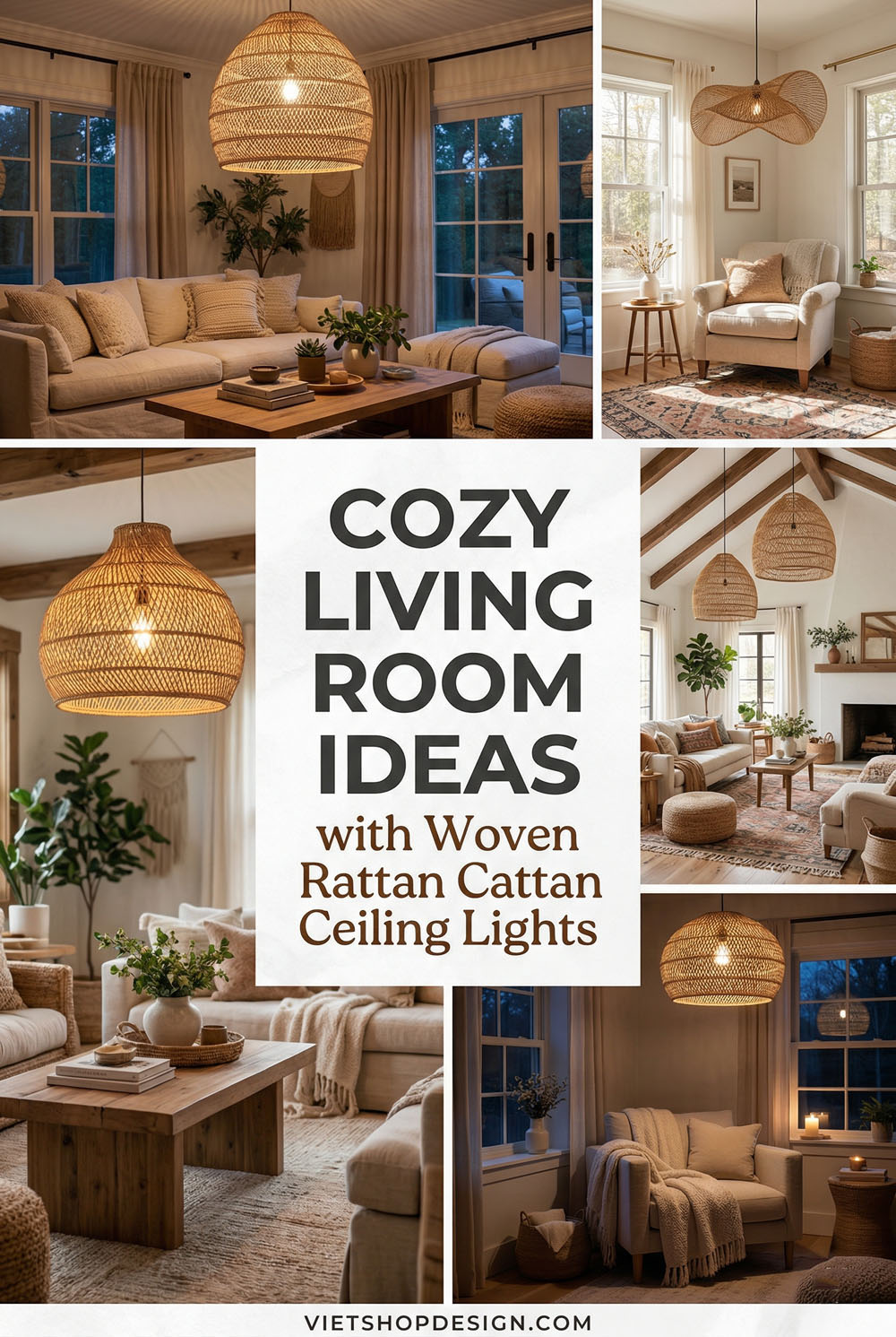 Cozy Living Room Ideas with Woven Rattan Ceiling Lights