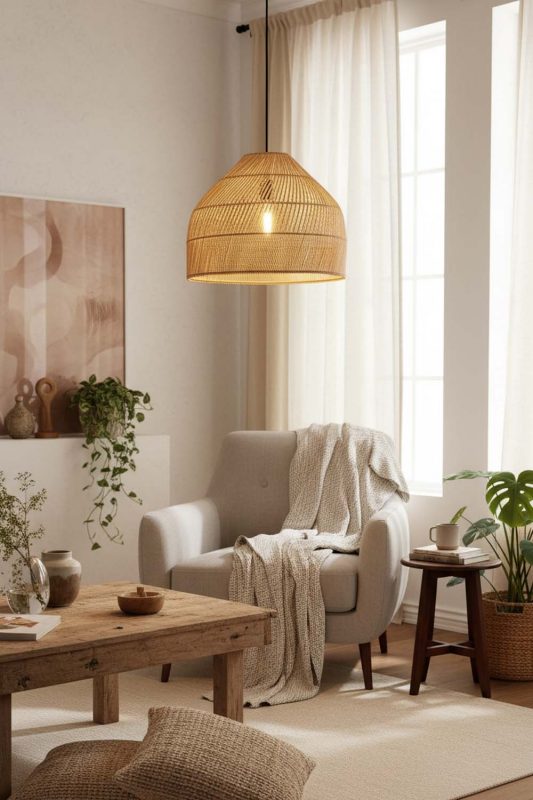 Cozy Natural Rattan Wide Dome Fixture - Warm & Inviting