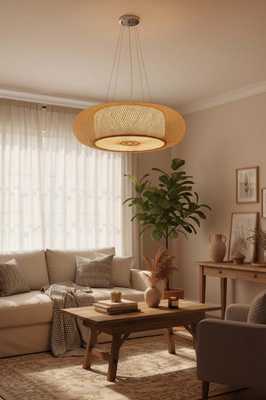 Cozy Round Bamboo Drum Chandelier - Warm & Inviting