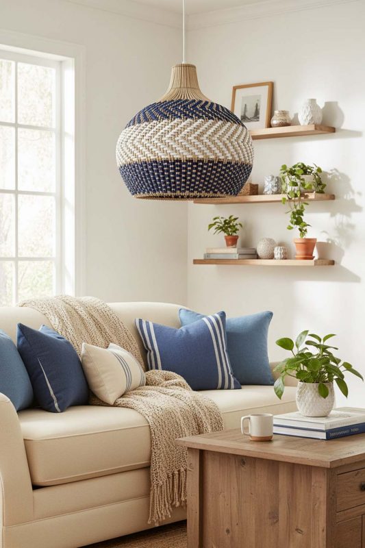 Cozy White Blue Rattan Pendant Light - Peaceful Living