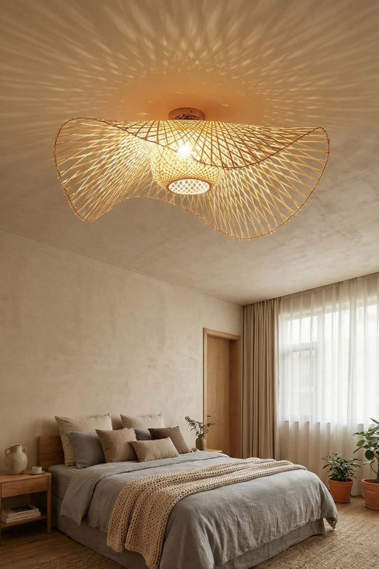 Cozy Bedroom Artistic Woven Rattan Ceiling Light Soft Ambient Interior