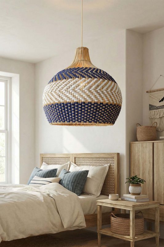 Cozy Bedroom Blue And Natural Woven Rattan Pendant Light Neutral Decor