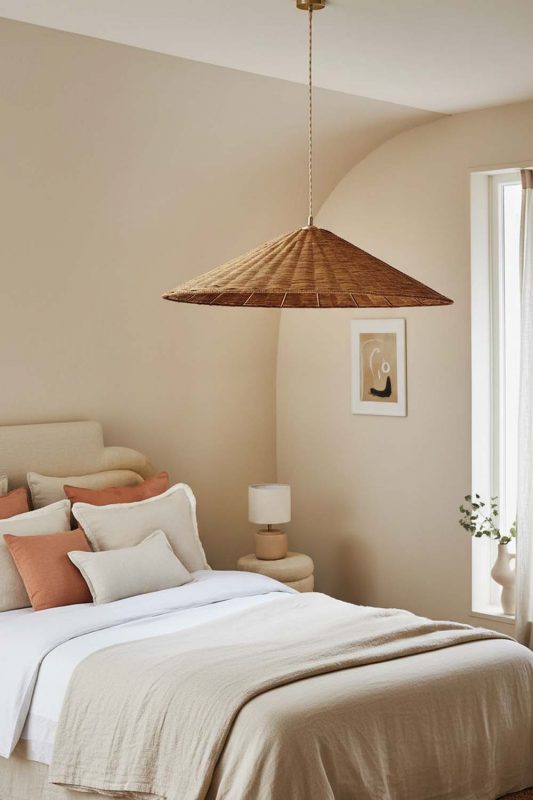 Cozy Bedroom Conical Woven Rattan Pendant Light Warm Minimalist Interior