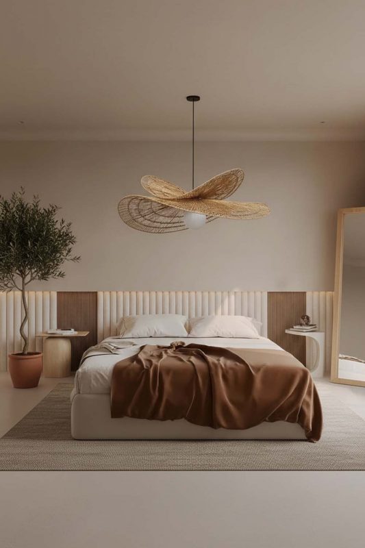 Cozy Bedroom Double Wing Shaped Woven Rattan Pendant Lights Warm Neutral Interior