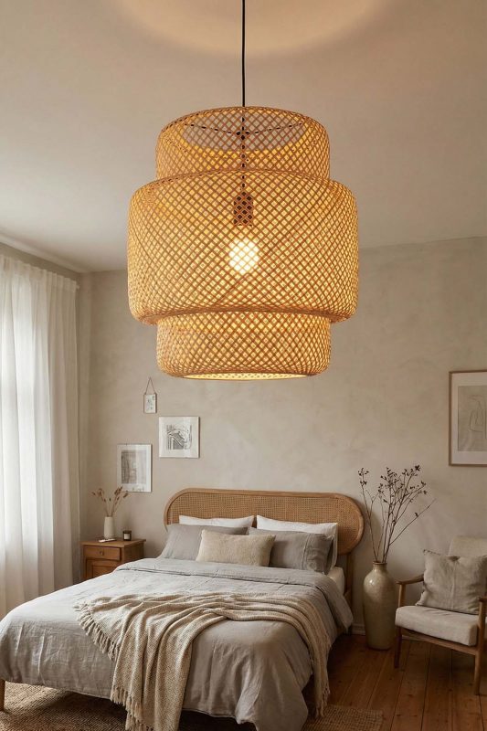 Cozy Bedroom Layered Woven Rattan Pendant Light Soft Ambient Decor
