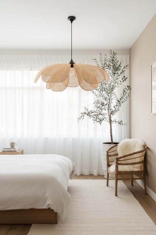 Cozy Bedroom Petal Wooden Pendant Light Bright Window Interior