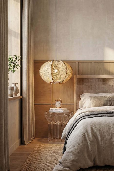 Cozy Bedroom Rattan Globe Pendant Light Wooden Headboard Neutral Interior