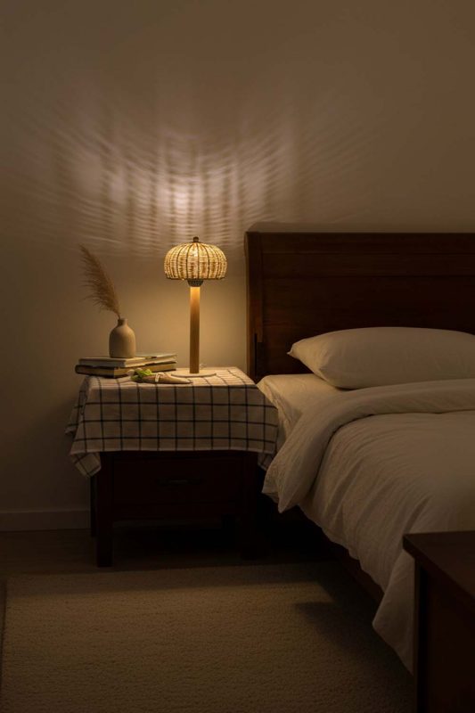 Cozy Bedroom Small Woven Bedside Lamp Warm Ambient Interior