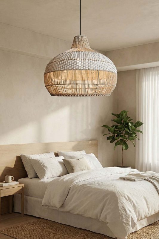 Cozy Bedroom White And Natural Woven Rattan Pendant Light Warm Decor
