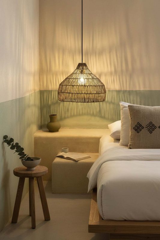 Cozy Bedroom Woven Rattan Pendant Light Soft Green Accent Wall