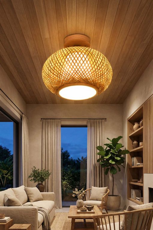 Cozy Living Room Ideas with Woven Rattan Ceiling Lights