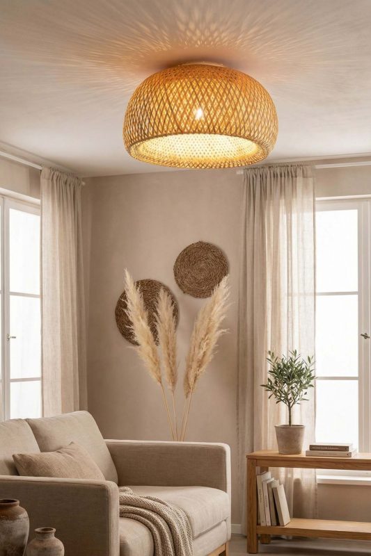 Cozy Living Room Flush Mount Woven Rattan Ceiling Light Soft Ambient Interior