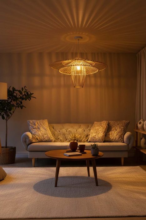 Cozy Living Room Layered Woven Rattan Ceiling Light Warm Evening Ambiance