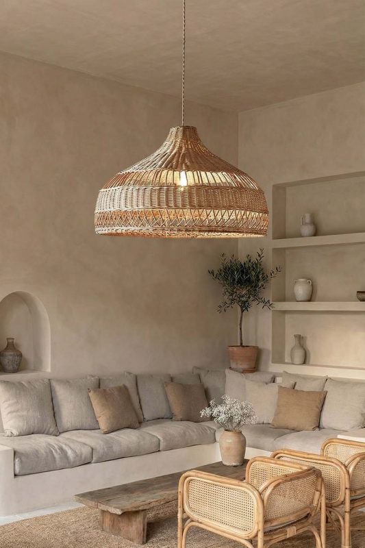 Cozy Living Room Natural Woven Rattan Pendant Light Soft Beige Interior