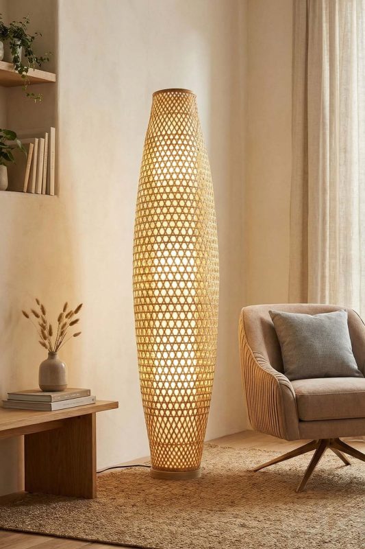 Cozy Living Room Oversized Woven Rattan Floor Lamp Soft Ambient Lighting