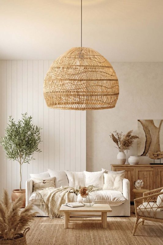 Cozy Living Room Oversized Woven Rattan Pendant Light Neutral Decor