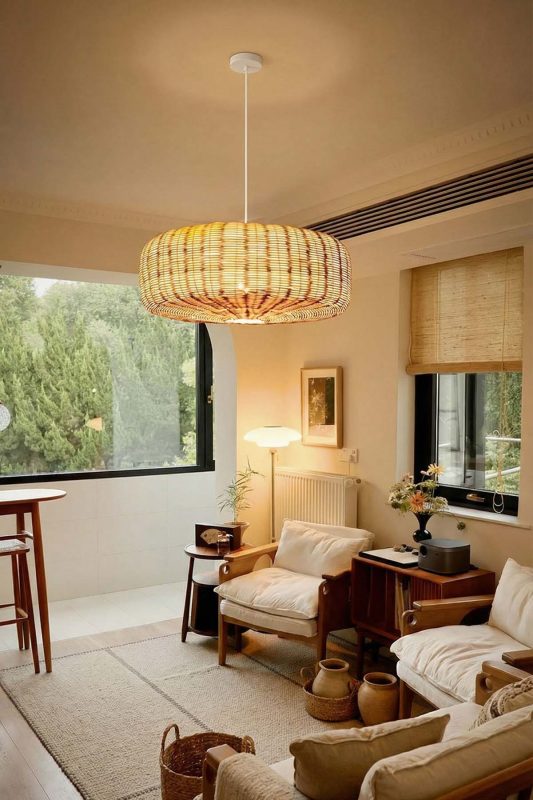 Cozy Living Room Wide Woven Rattan Pendant Light Soft Ambient Decor