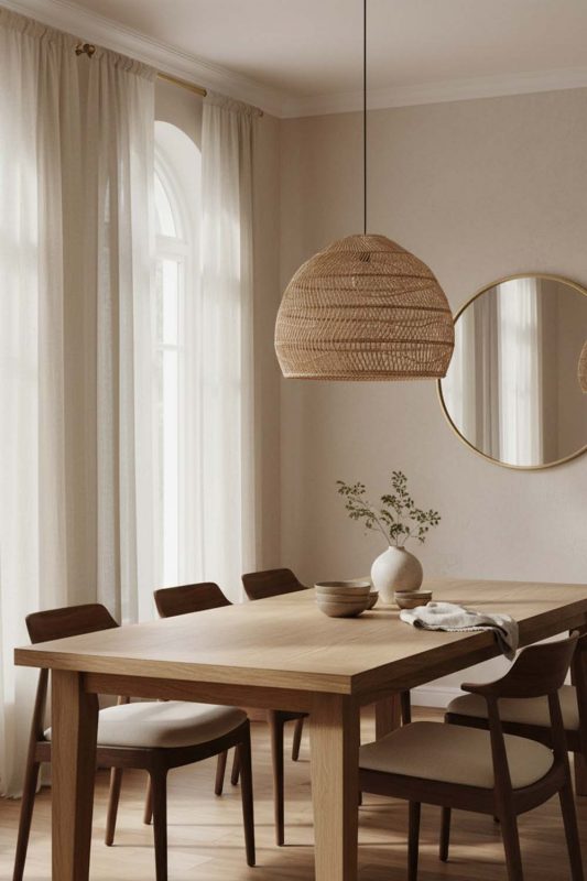 Dining Room Beige Rattan Cage Pendant Light - Perfect Gathering Space