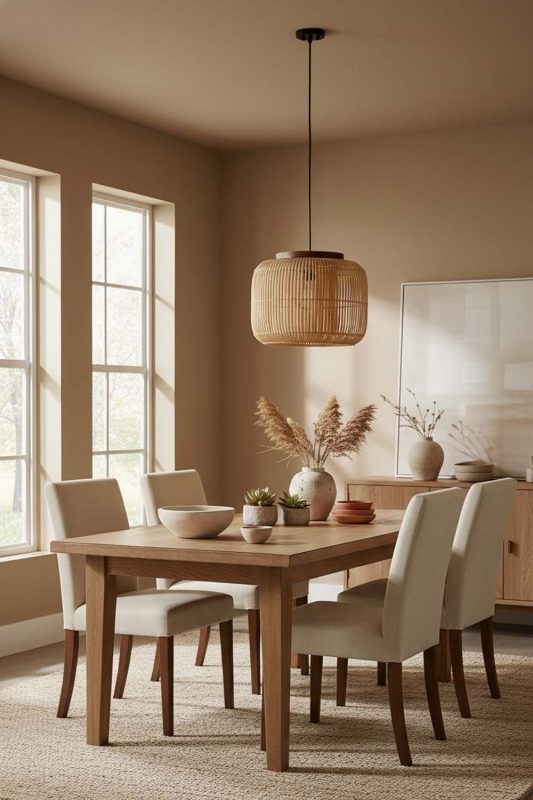 Dining Room Beige Rattan Capsule Pendant Light - Elegant Dining Ambience