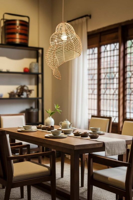 Dining Room Beige Rattan Spiral Pendant Light - Warm & Welcoming