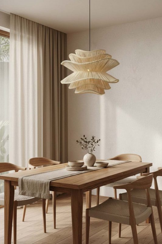 Dining Room Beige Vietnamese Flower Rattan Chandelier - Perfect Gathering Space