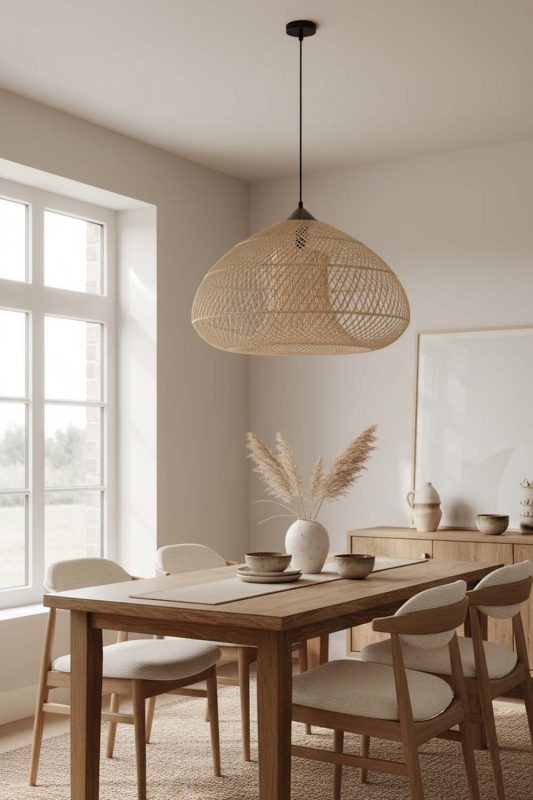 Dining Room Beige Wood Rattan Pendant Light B - Intimate & Stylish