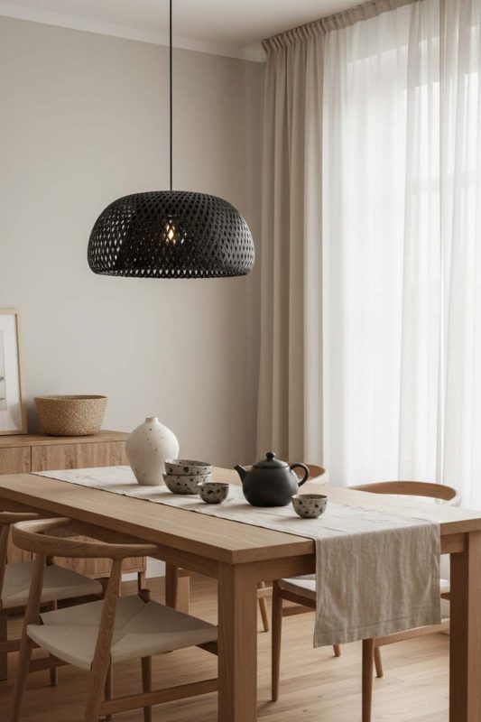 Dining Room Black Bamboo Basket Light Shade - Elegant Dining Ambience