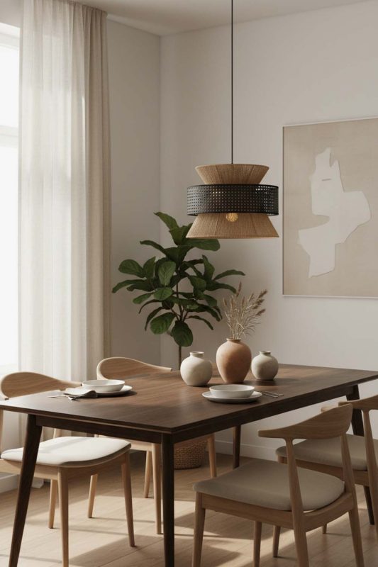 Dining Room Black Bamboo Silk Pendant Light - Elegant Dining Ambience