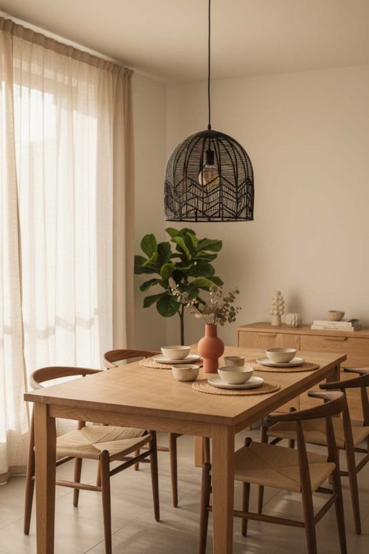 Dining Room Black Rattan Birdcage Pendant Light - Elegant Dining Ambience